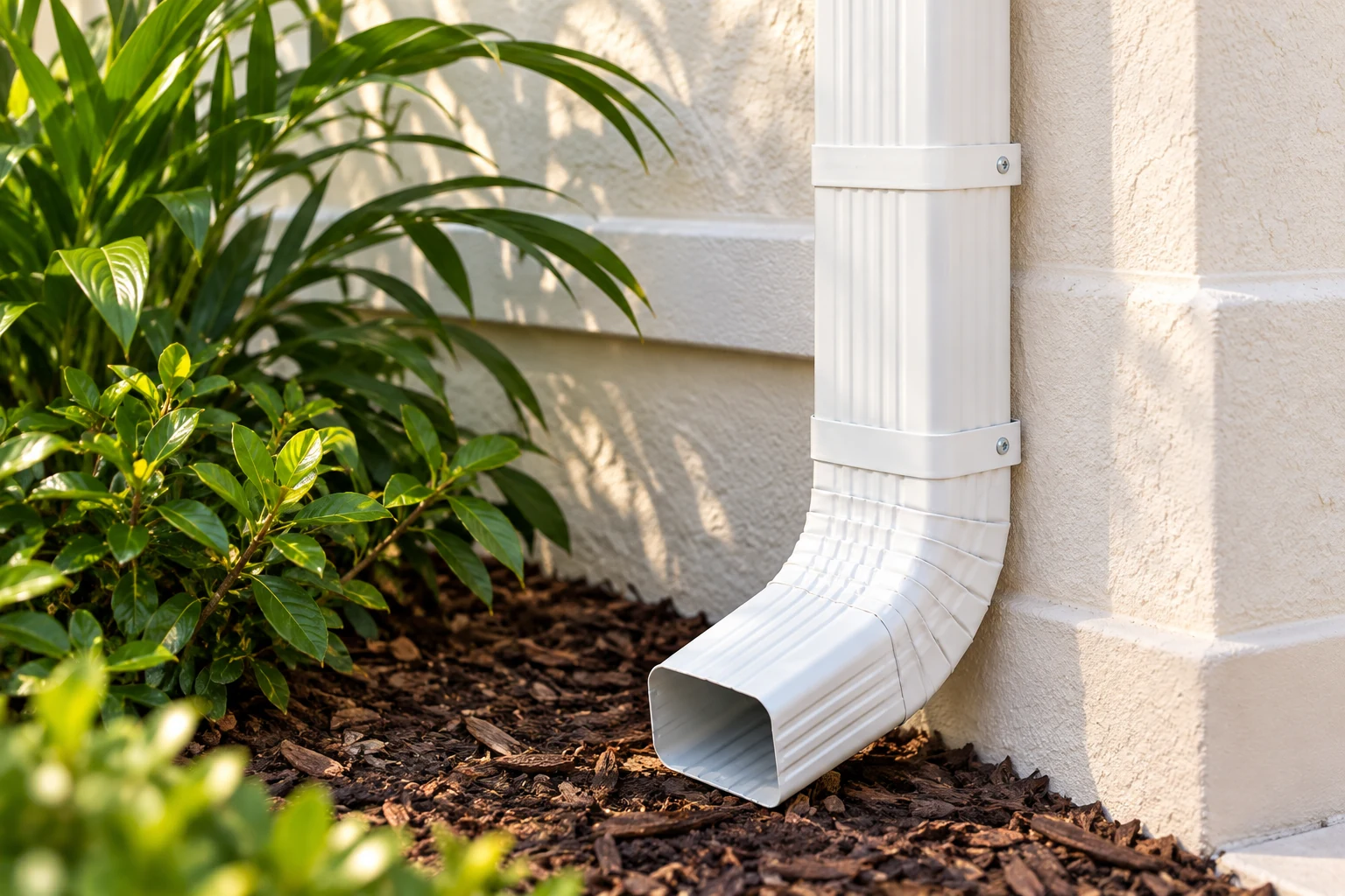 White downspout on a Florida home exterior, illustrative photo concept