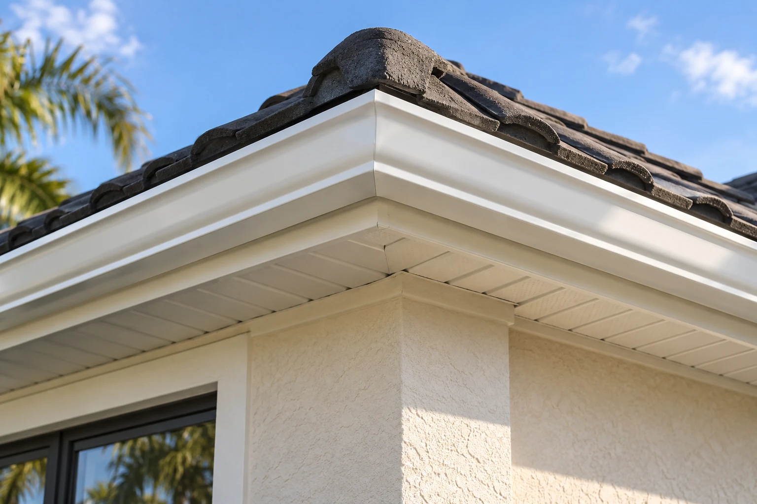 Gutter and tiled roof detail, illustrative photo concept