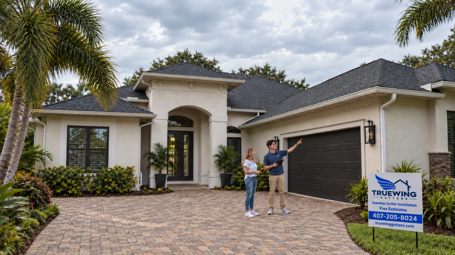 TrueWing representative and homeowner beside a Florida home with white gutters and a TrueWing Gutters yard sign