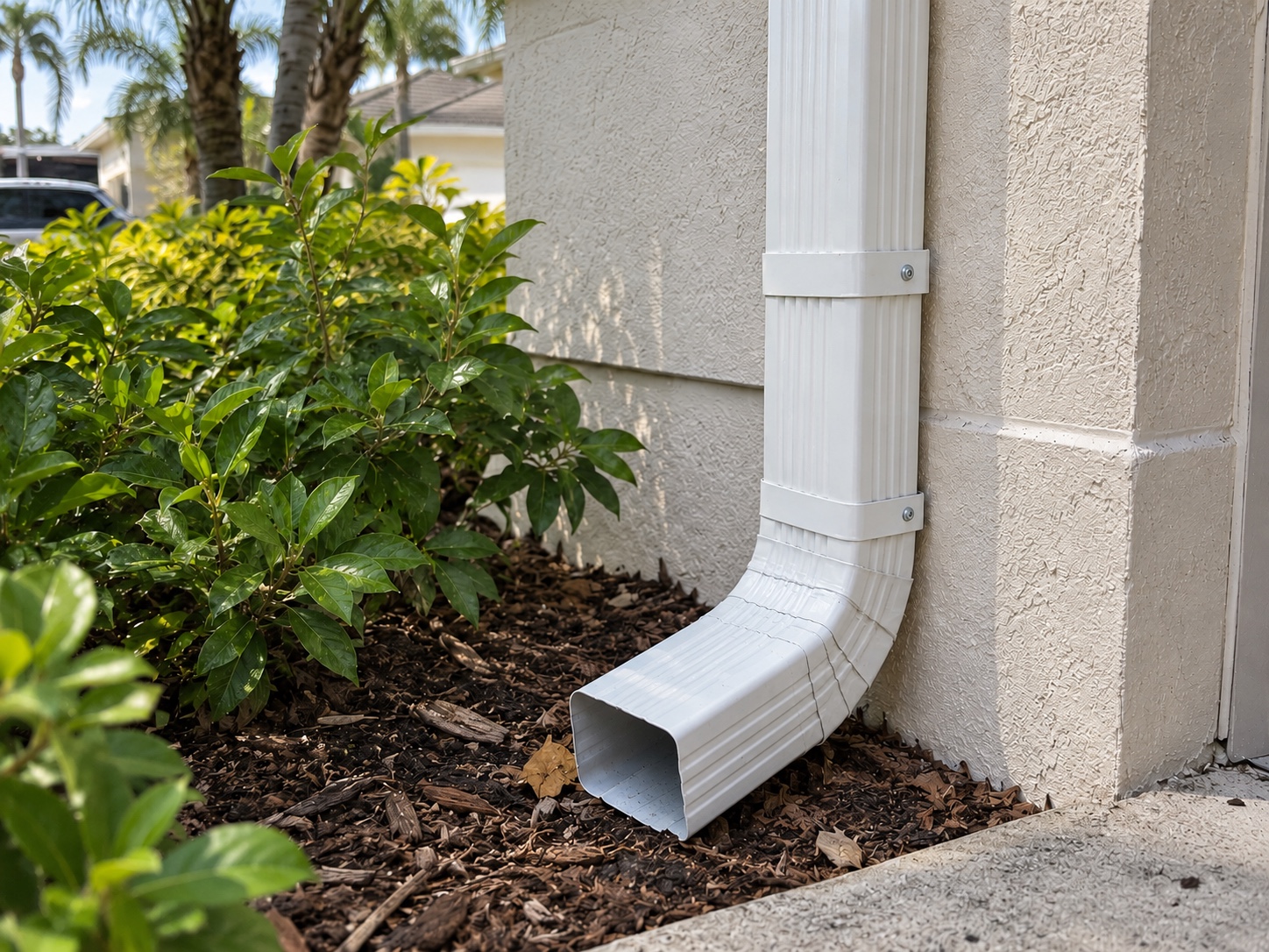 White downspout and discharge elbow beside a landscaped home