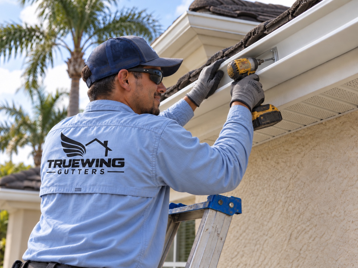 TrueWing technician installing a white seamless gutter